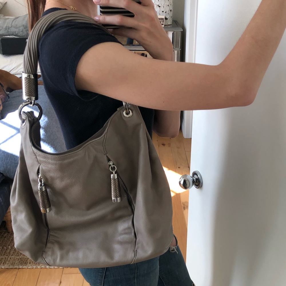 MK Grey leather strappy shoulder bag w/ snakeskin